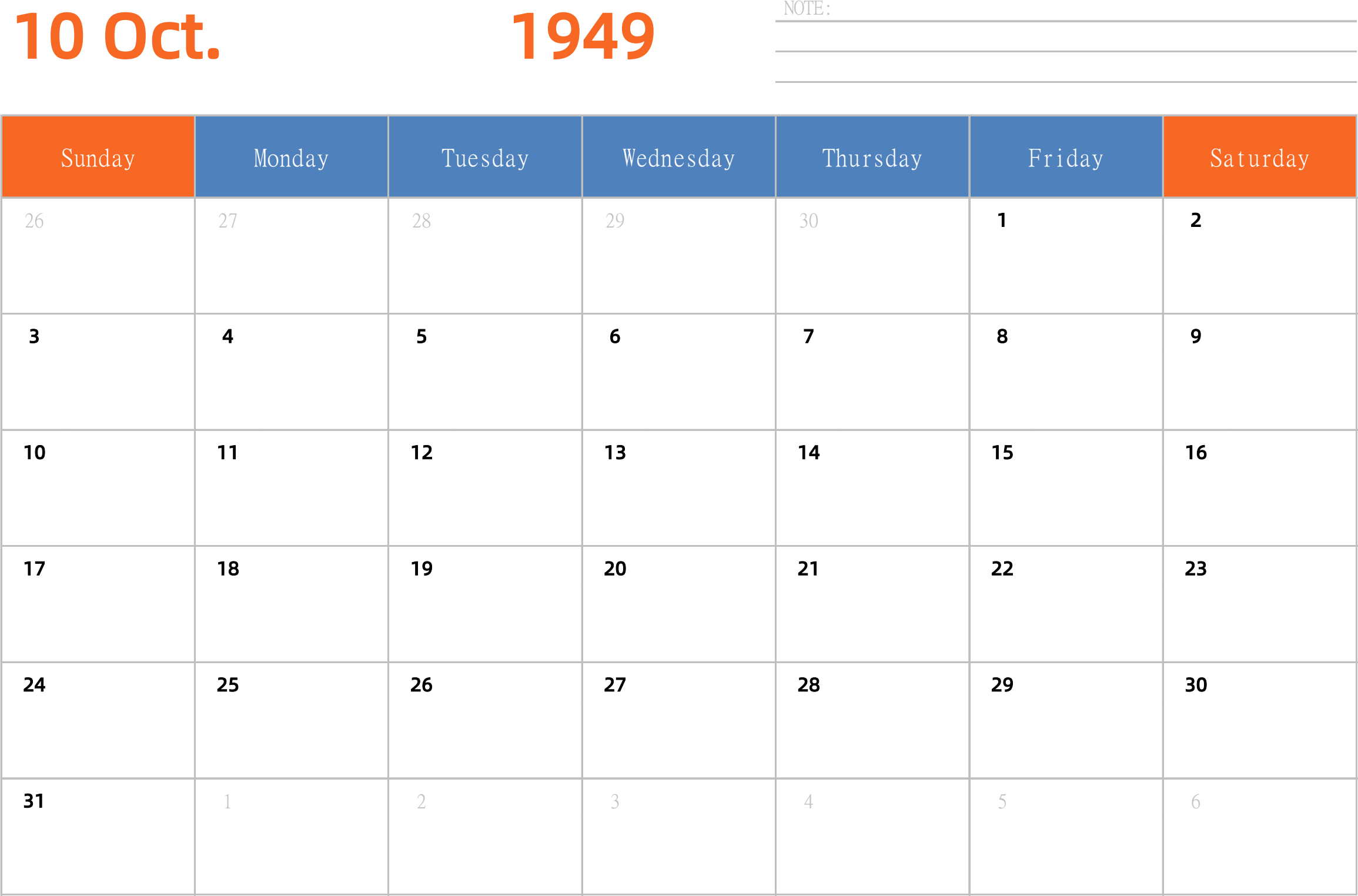 日历表1949年日历 英文版 横向排版 周日开始